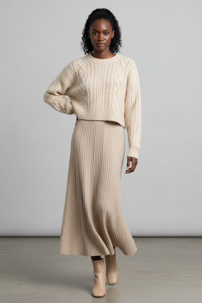 Jupe Longue Crème Côtelée Fluide