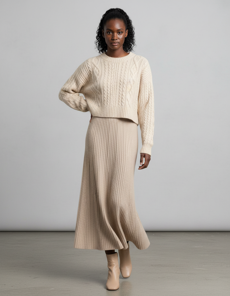 Jupe Longue Crème Côtelée Fluide