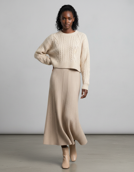 Jupe Longue Crème Côtelée Fluide