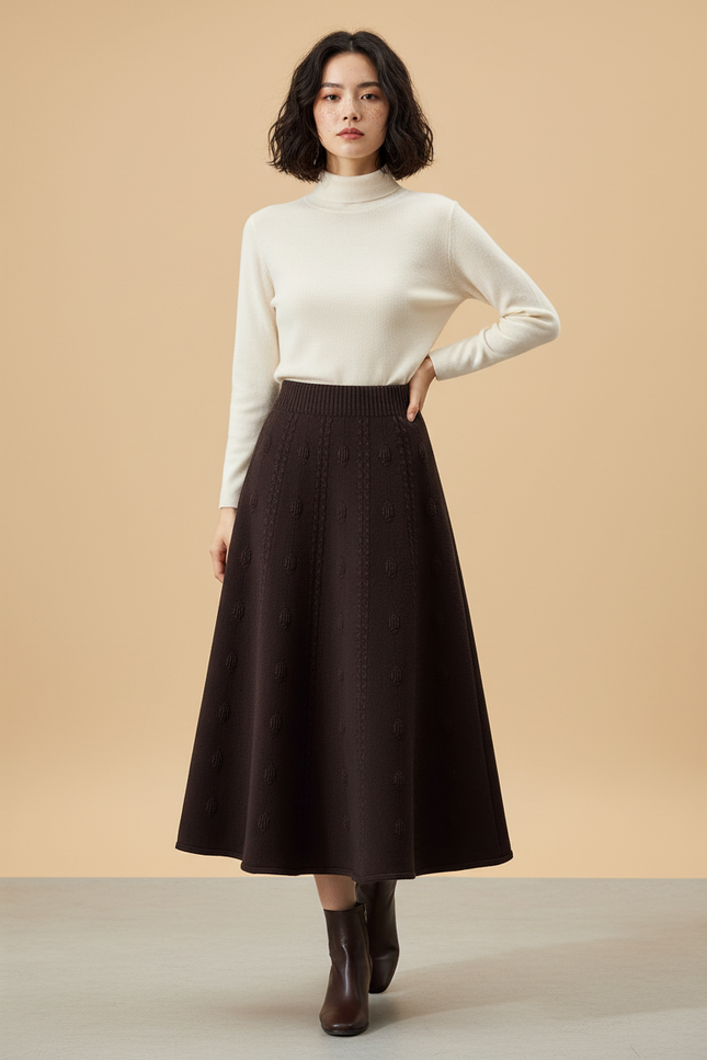 Jupe Longue Marron Jacquard Élégante