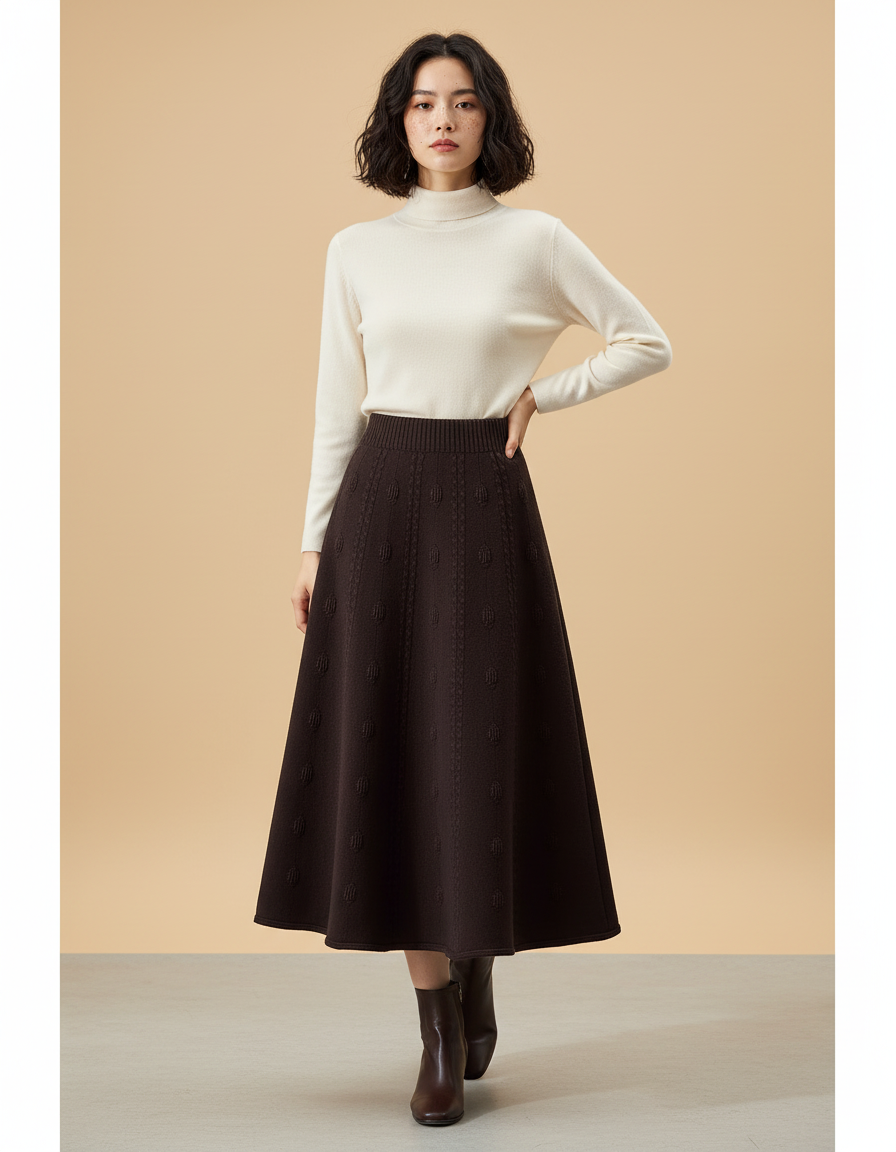 Jupe Longue Marron Jacquard Élégante