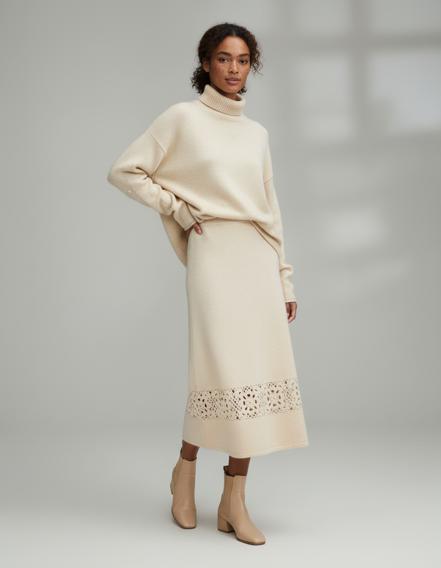 Jupe Longue Crème Ajourée Élégante