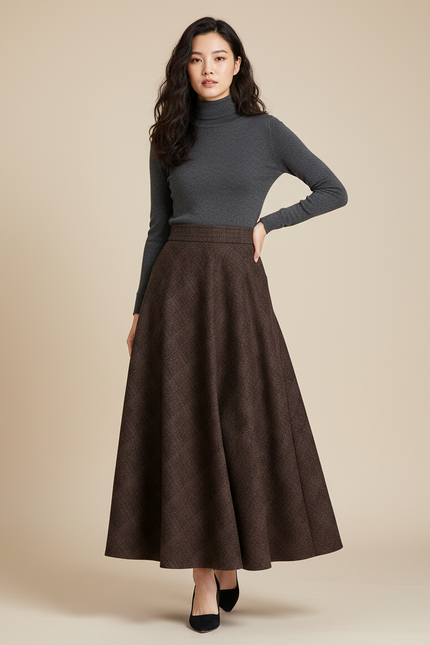 Jupe Longue Marron Carreaux Élégante