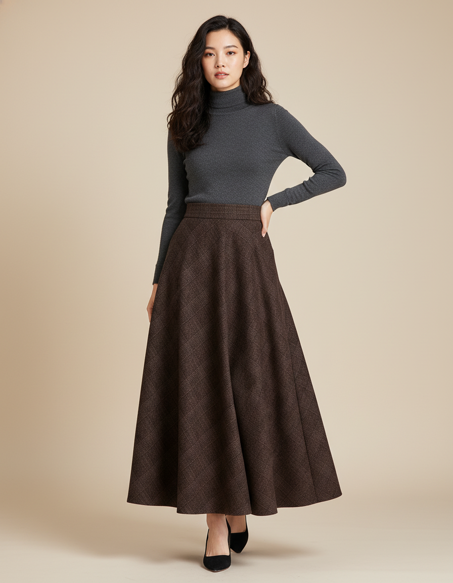 Jupe Longue Marron Carreaux Élégante