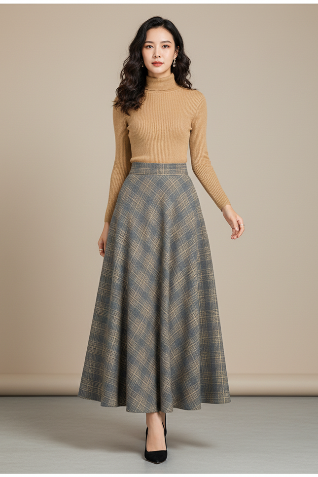 Jupe Longue Plaid Laine Élégante Hiver
