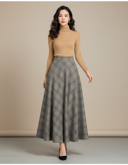 Jupe Longue Plaid Laine Élégante Hiver