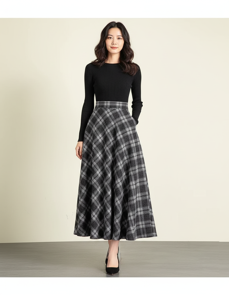 Jupe Longue A-Line Carreaux Élégante