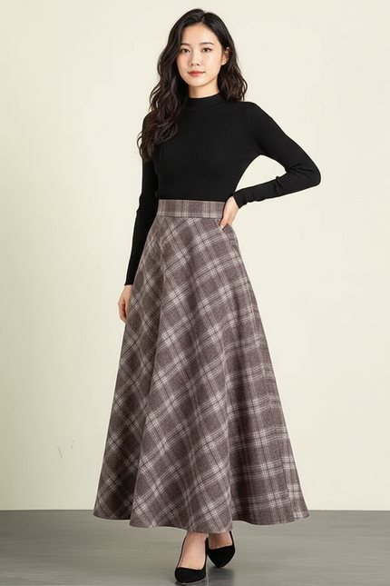 Jupe Longue À Carreaux Laine Élégante