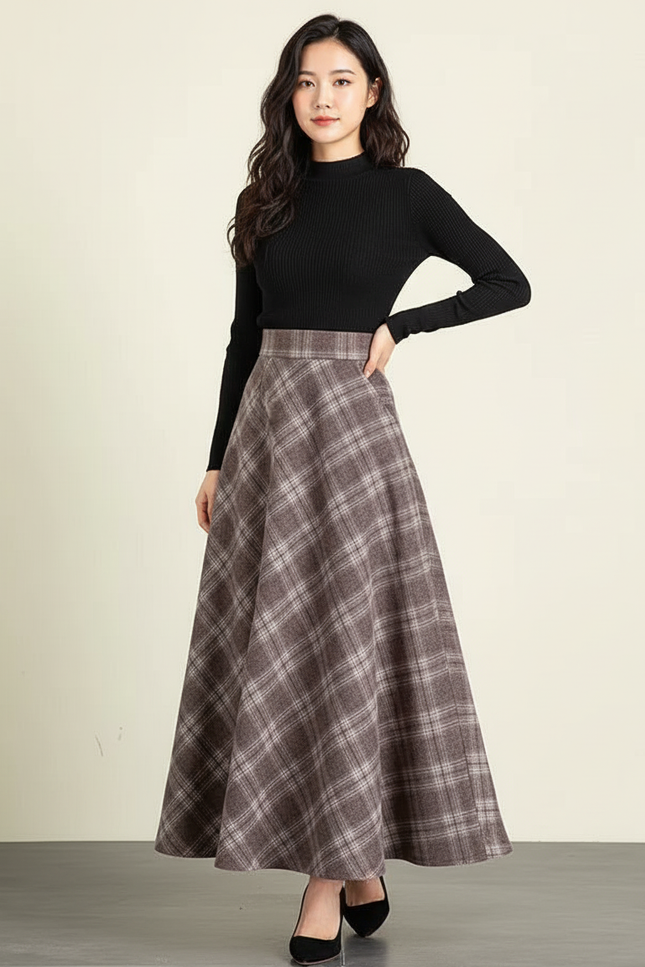 Jupe Longue À Carreaux Laine Élégante