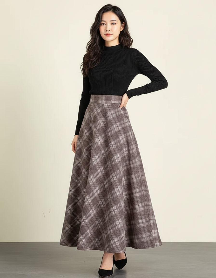Jupe Longue À Carreaux Laine Élégante