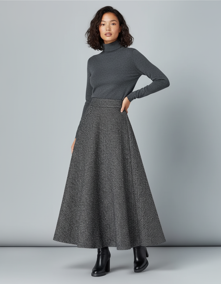 Jupe Longue Tweed Évasée Élégante