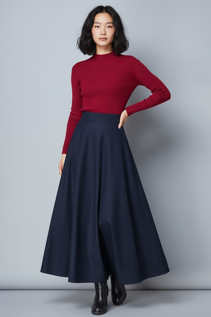 Jupe Longue Bleu Marine Évasée Élégante