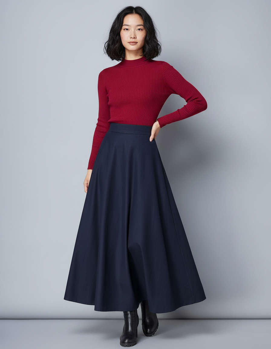 Jupe Longue Bleu Marine Évasée Élégante