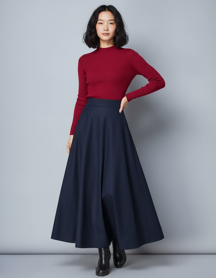 Jupe Longue Bleu Marine Évasée Élégante
