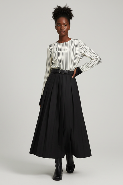 Jupe Longue Noire Plissée Chic Femme
