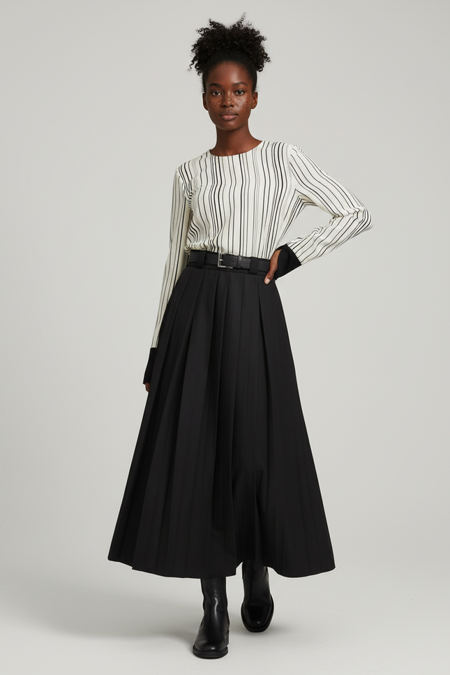 Jupe Longue Noire Plissée Chic Femme