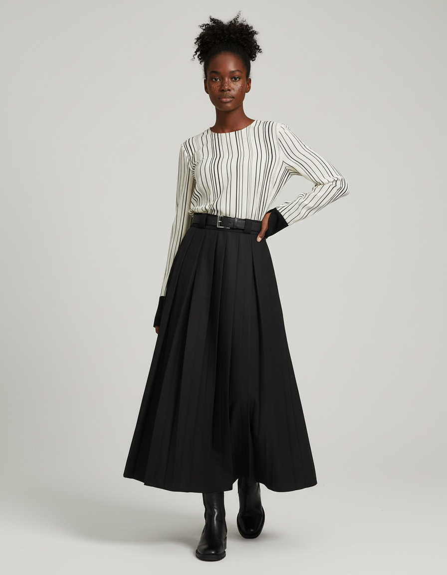 Jupe Longue Noire Plissée Chic Femme