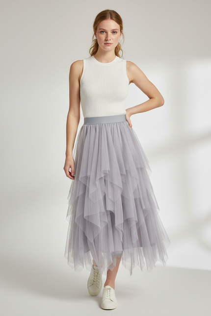 Jupe Longue Tulle Grise Fluide