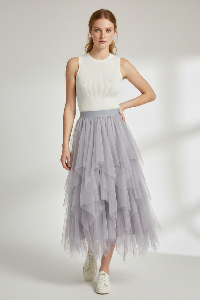 Jupe Longue Tulle Grise Fluide