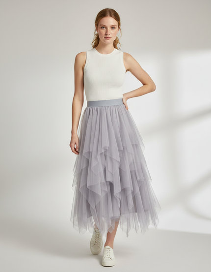 Jupe Longue Tulle Grise Fluide