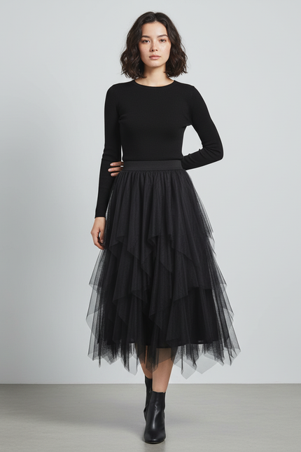 Jupe Longue Noir Tulle Superposé Chic