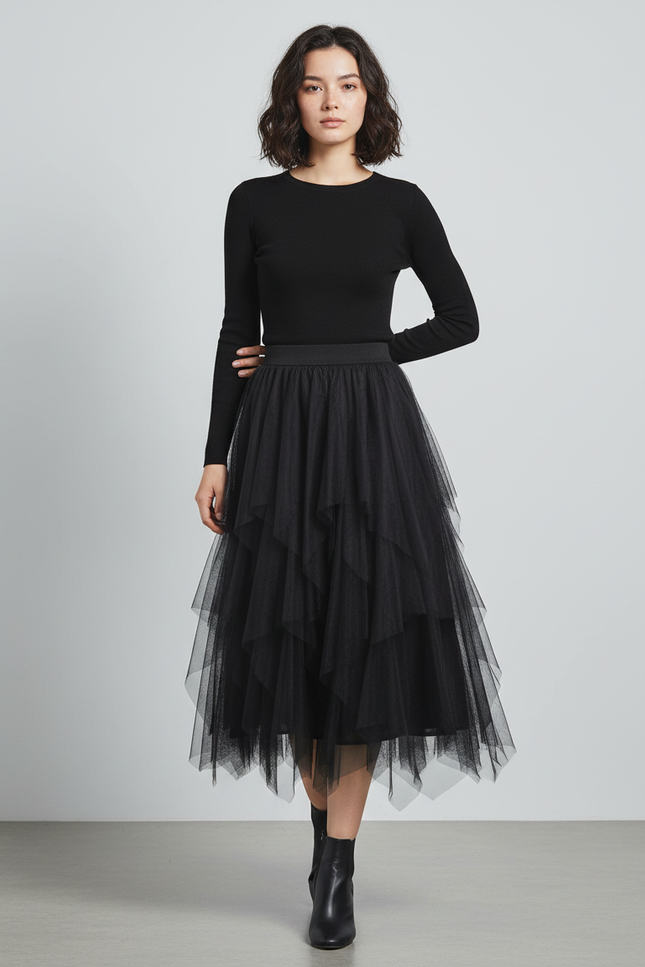 Jupe Longue Noir Tulle Superposé Chic