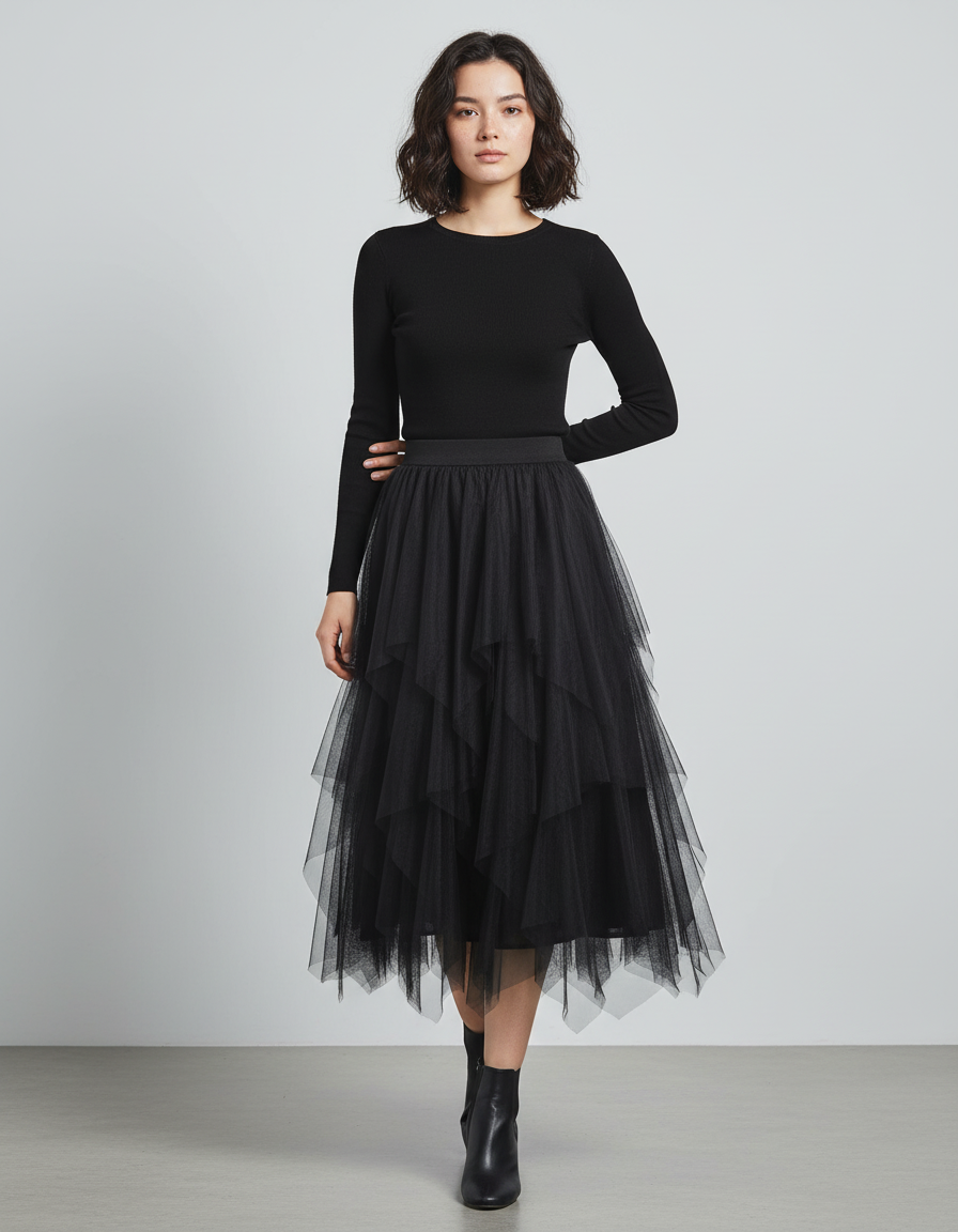 Jupe Longue Noir Tulle Superposé Chic