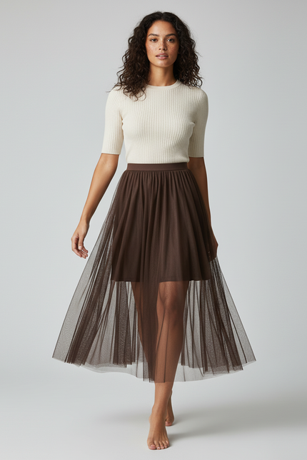 Jupe Longue Tulle Marron Fluide Chic
