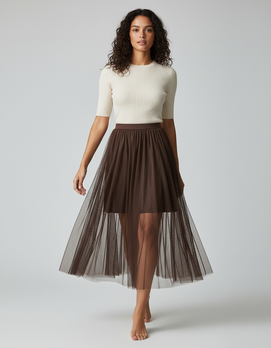 Jupe Longue Tulle Marron Fluide Chic