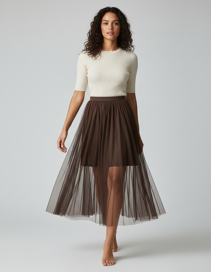 Jupe Longue Tulle Marron Fluide Chic