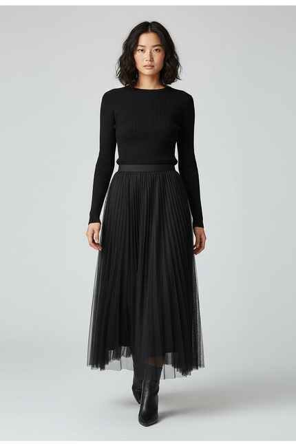 Jupe Longue Noire Plissée Élégante Mode