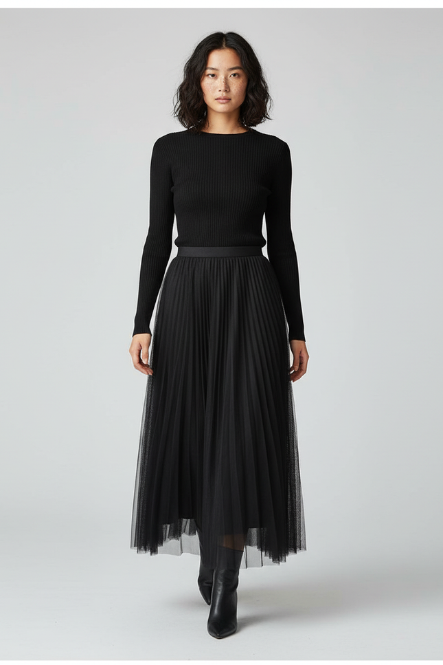 Jupe Longue Noire Plissée Élégante Mode