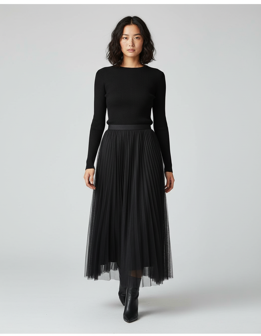 Jupe Longue Noire Plissée Élégante Mode