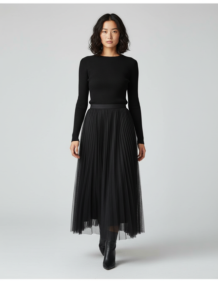 Jupe Longue Noire Plissée Élégante Mode