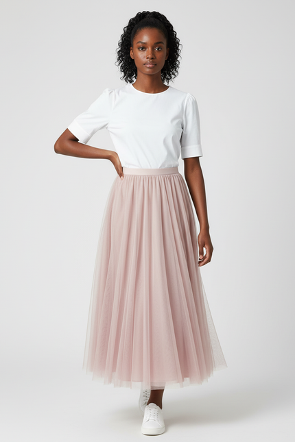 Jupe Longue Tulle Rose Poudré Fluide