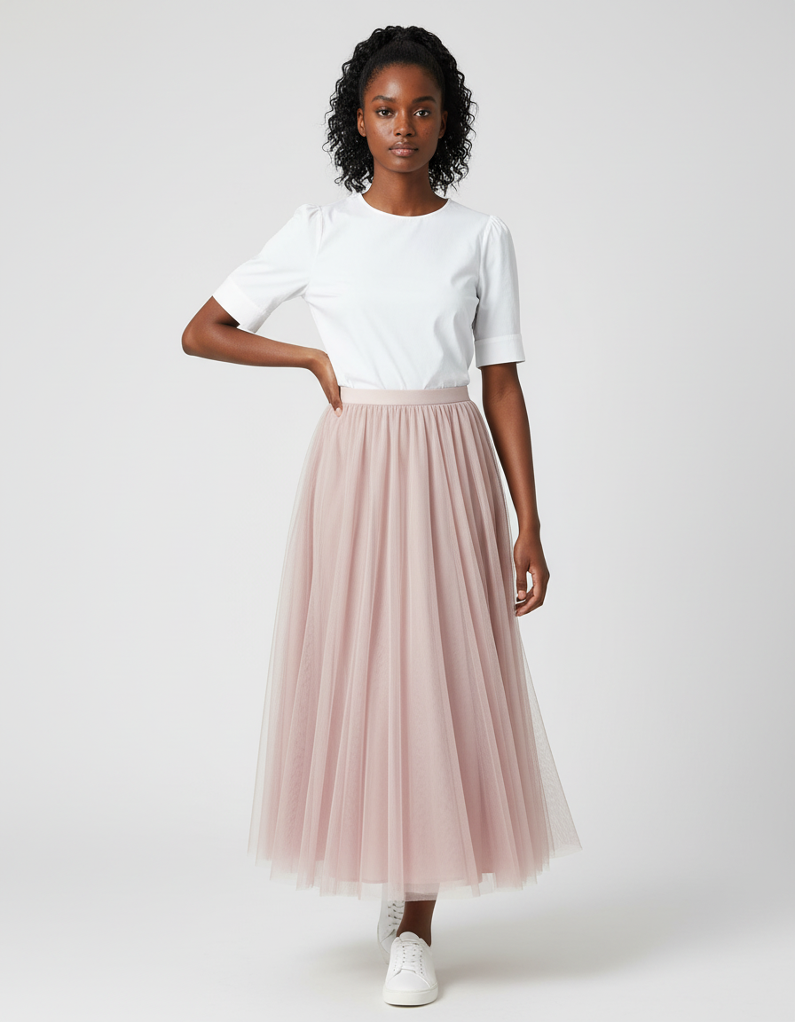 Jupe Longue Tulle Rose Poudré Fluide