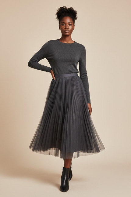 Jupe Longue Tulle Plissée Grise Fluide