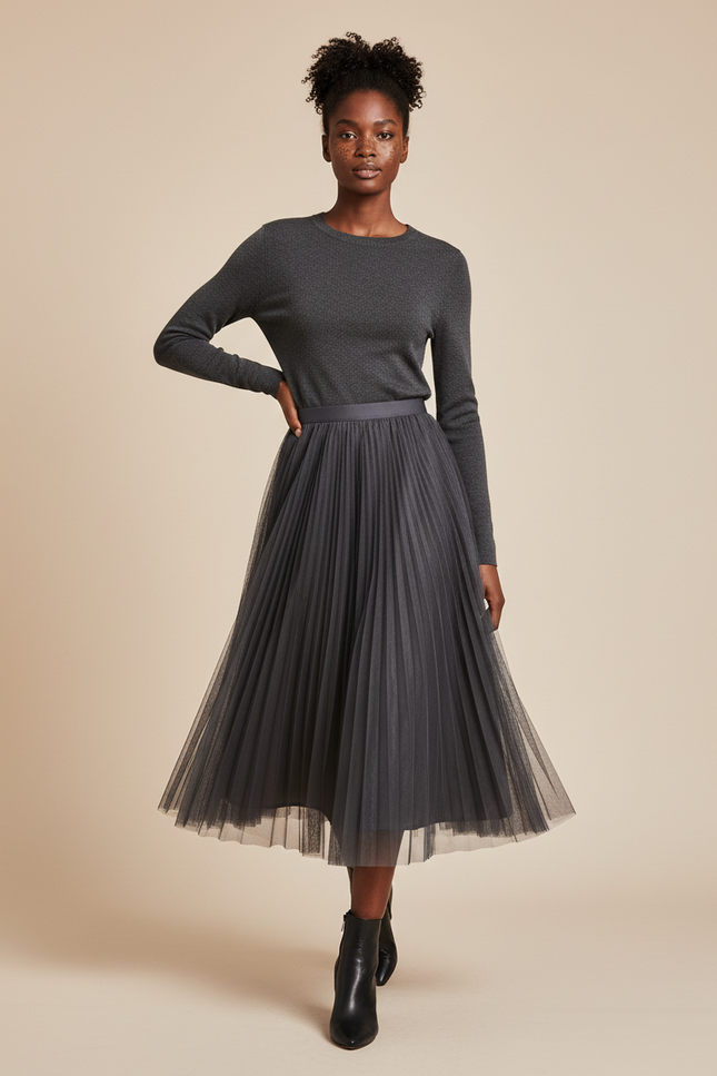 Jupe Longue Tulle Plissée Grise Fluide