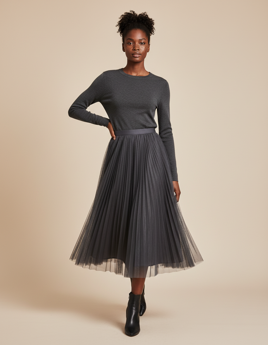 Jupe Longue Tulle Plissée Grise Fluide