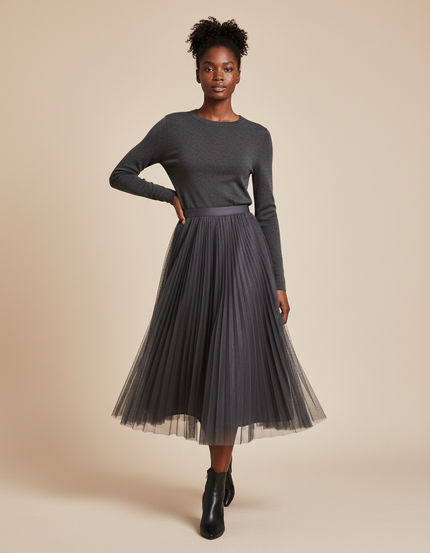 Jupe Longue Tulle Plissée Grise Fluide