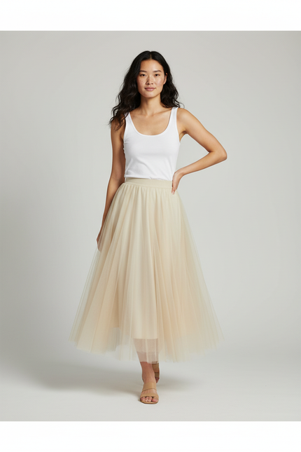 Jupe Longue Tulle Beige Plissée