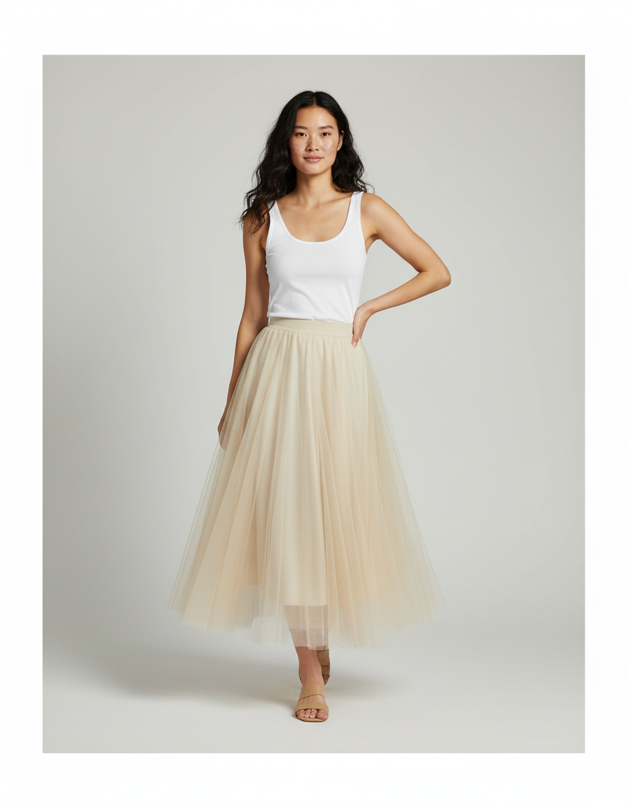 Jupe Longue Tulle Beige Plissée