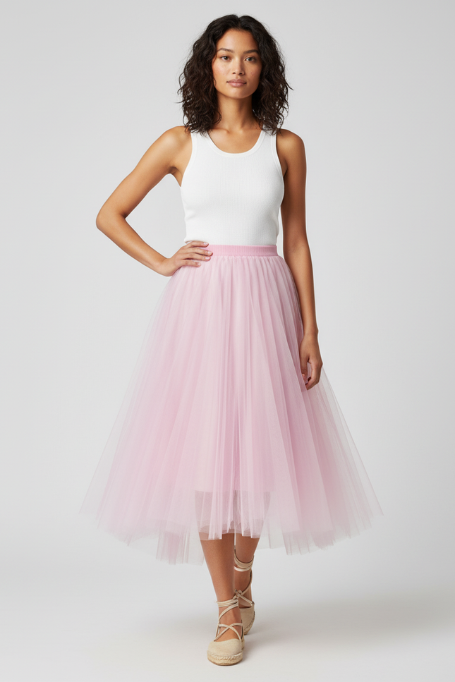 Jupe Longue Rose Pâle Tulle Plissée
