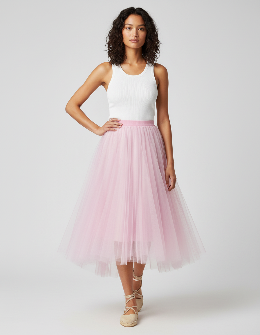 Jupe Longue Rose Pâle Tulle Plissée