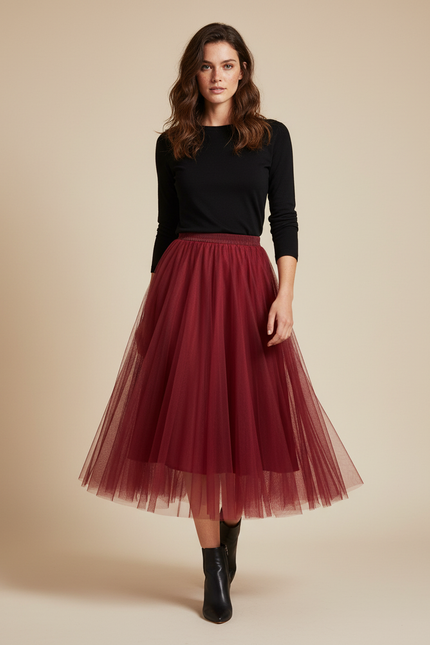 Jupe Longue Bordeaux Tulle Plissée