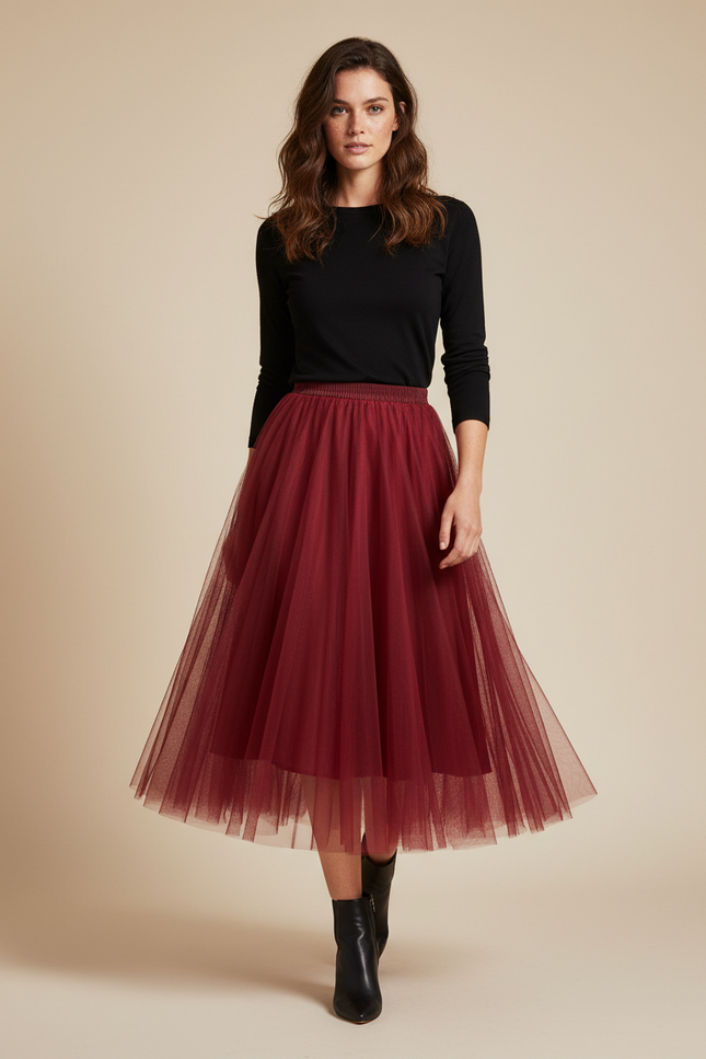 Jupe Longue Bordeaux Tulle Plissée