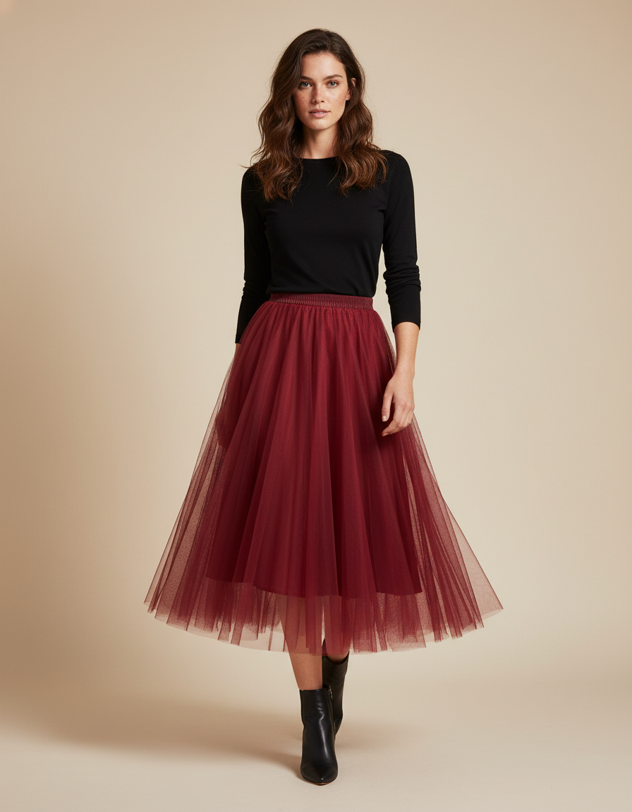 Jupe Longue Bordeaux Tulle Plissée