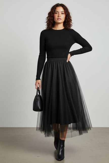 Jupe Longue Noire Tulle Plissée Soirée