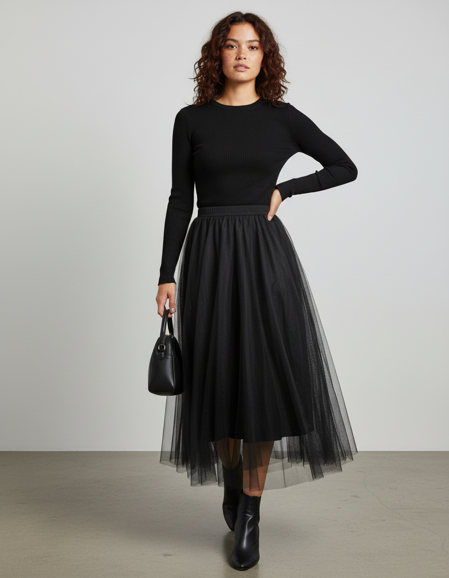 Jupe Longue Noire Tulle Plissée Soirée