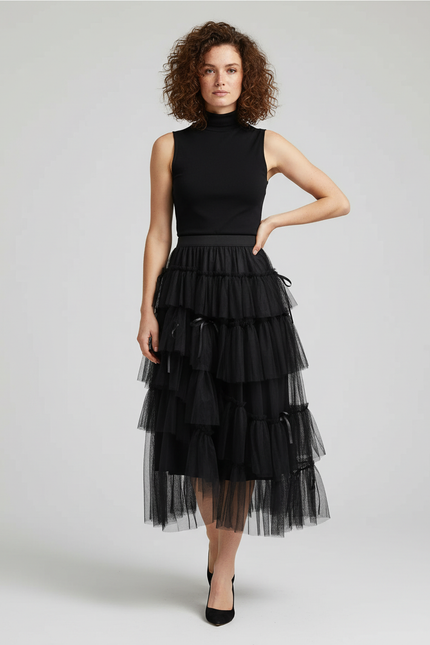 Jupe Longue Tulle Noir Chic À Volants